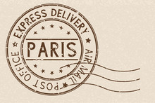 Round Brown Postmark Paris, France On Beige Background