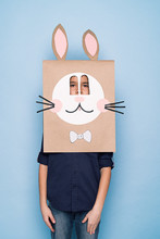 A Kid In Bunny Paper Bag Mask