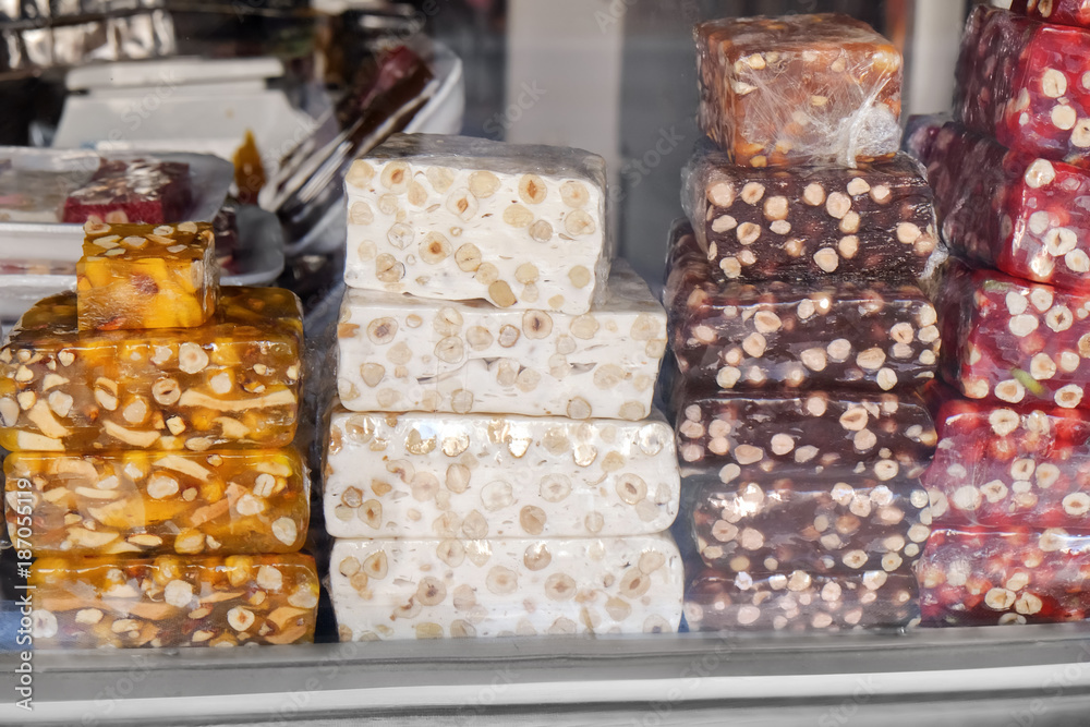 Showcase with sweets in shop