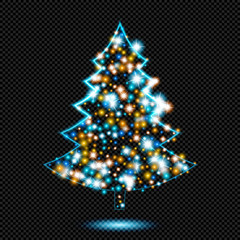 Wall Mural - Blue and Yellow Shine Symbol of Christmas Tree with Sparks on Transparent Background - Vector Radiant Fir Tree
