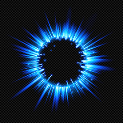 Wall Mural - Blue Shine Starburst Flare Flash with Rays and Sparks on Transparent Background  - Vector Radiant Supernova Explosion
