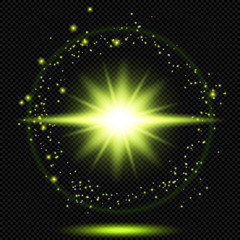 Wall Mural - Green Shine Starburst Flare Flash with Sparks and Halo Effect on Transparent Background  - Vector Radiant Supernova Sparkle

