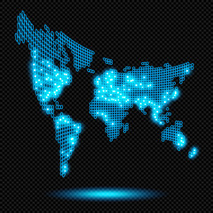 Wall Mural - Blue Shining Earth Map Logo Sign on Transparent Background  - Vector Glowing Neon World Map Fisheye Lens Distortion Effect

