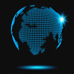 Wall Mural - Blue Shining Globe Logo Sign with Sunrise on Transparent Background  - Vector Glowing Neon Earth Round Element
