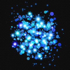 Wall Mural - Blue Shine Flare Flash with Stur Dust and Bokeh Effect on Transparent Background  - Vector Radiant Sparkle
