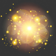 Wall Mural - Yellow Shine Flare Flash with Sparks and Bokeh Effect on Transparent Background  - Vector Radiant Sparkle
