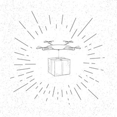 Wall Mural - Hand Drawn Symbol of Quadrocopter  Drone Delivery with Package - Doodle Vector Hatch Icon
