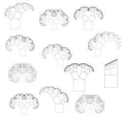 Wall Mural - flat vector computer generated l-system branching fractal set - pythagorean tree with different para