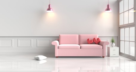 Two red hearts on pink sofa in white living room decor with tree,pillows, pink lamp, Wood bedside table, Window, White wall&floor. Rooms of Love on Valentine`s Day. Background and interior. 3D render.