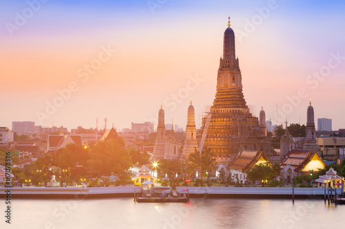 Arun temple river front with after sunset sky background, Thailand historic Land Canvas Print
