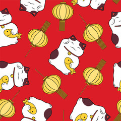 Wall Mural - seamless pattern cute symbol luck maneki neko and festive lantern on a red background