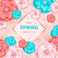 Wall Mural - Spring background with pink and turquoise decorative flowers, abstract hand drawn elements. Design for greeting cards, calendars, banners, posters, invitations.