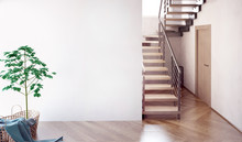 Modern Interior With Stairs. 3d Illustration. Mock Up Wall