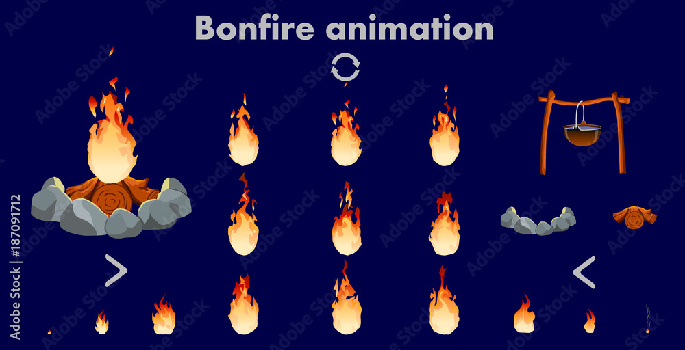Vector bonfire animation sprites, vector flame video frames for game ...