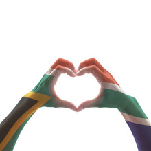 South Africa Flag On Woman Hands In Heart Shape Isolated On White Background For National Unity, Union, Love And Reconciliation Concept.