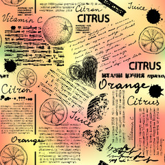 Poster - Seamless background pattern. Imitation of halftone newspaper with citrus and oranges.