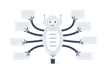 Poster - Chat bot with bubbles of speech in hands. Robot android on white background. Online Assistant