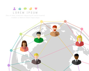 Poster - Multicultural people connecting to each other around the globe. Colorful lines and dots with Earth concept.