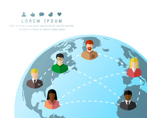 Poster - Social network, connection and communication concept with diverse people. Close-up of Earth, dotted lines and social media icons.