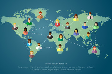 Poster - Diverse people and world map of the Earth concept. Dotted line as world wide connection, networking and communication symbol.