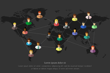 Poster - People and network concept with lines connecting them together on a dark world map