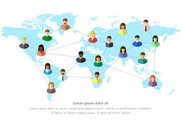 Poster - Diverse people and world map concept with dotted line as global connection symbol. Colorful flat design on white background.
