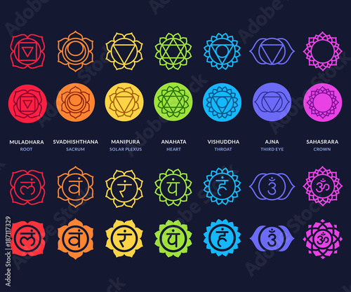 Chakra symbols set on dark background Wallpaper Mural