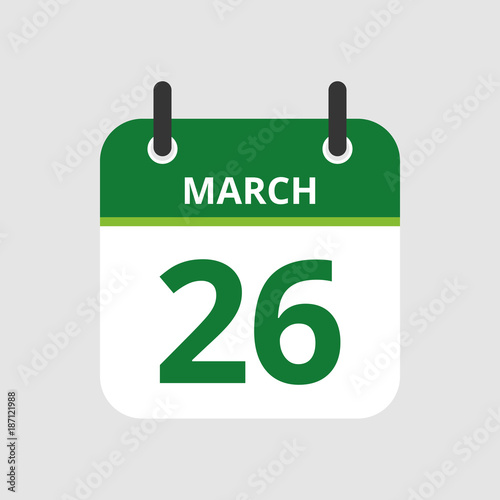 Flat icon calendar 26th of March isolated on gray background. Vector