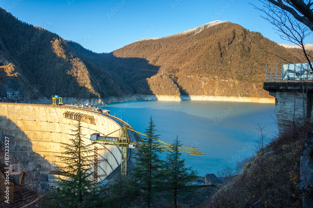 The Enguri hydroelectric power station HES. The Jvari Reservoir next to ...