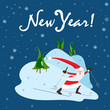 Blue New Year card. Santa Claus is skier. Vector illustration
