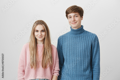 Beautiful Happy Couple Wearing Warm Knitted Sweaters Cheerful