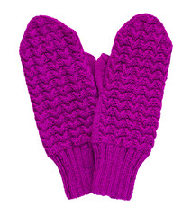 Wall Mural - Violet knitted mittens in the form of a heart isolated on a white background