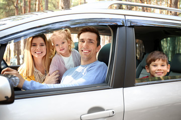 Sticker - Happy family in car on sunny day