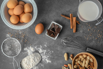 Sticker - Ingredients and utensils for cooking pastries on grey background