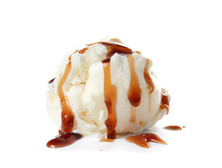 Poster - Ice cream ball with caramel sauce on white background