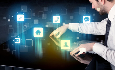 Poster - Modern smart table with high tech icons on its interface screen