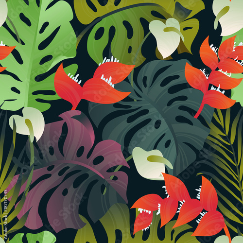 Tropical plant seamless pattern, Heliconia, palm, Anthurium and split leaf Ph...