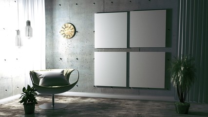 mint wall with sofa & sideboard on ceramic floor interior. 3D rendering