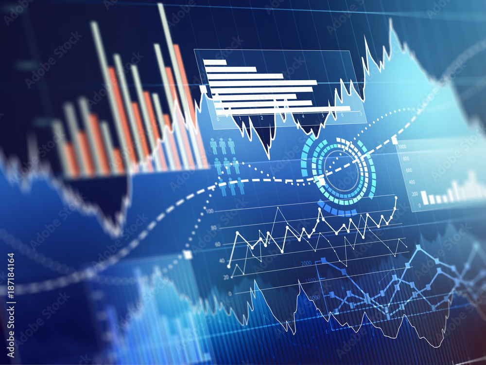 Chart with uptrend line graph, bar chart and diagram in bull market on ...