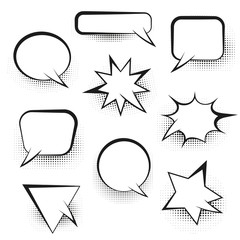 Big set of white empty retro comic speech bubbles with black halftone shadow in pop art style. Black outline message balloons for comics book or advertising text, web and banner design