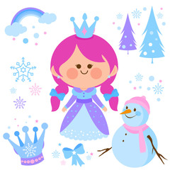  Beautiful snow princess and snowman. Winter vector illustration collection.