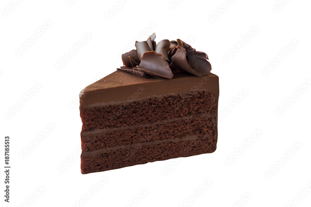Triangle shape slices piece of dark chocolate fudge cake topping with ...