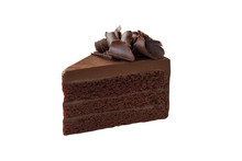 Triangle Shape Slices Piece Of Dark Chocolate Fudge Cake Topping With Chocolate Curl On White Isolated Background With Clipping Paths. Homemade Bakery Concept For Birthday Cake.