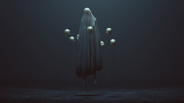 ghost floating in air surrounded with skulls