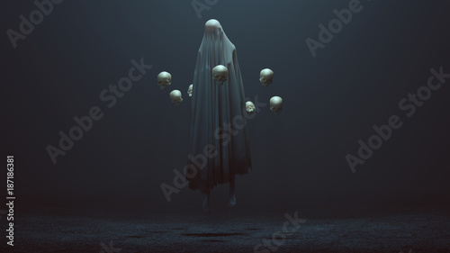 Fotomural Ghost floating in air surrounded with skulls