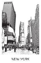 New York City, Times Square. Vector Drawing Of A Street In Downtown In Engraving Style. Black And White Illustration Of Cityscape Of Famous Place.