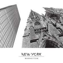 New York. The Cathedral Of St. Patrick And A Skyscraper In Manhattan. Vector Illustration In Engraving Style. Black Drawing Isolated On White Background. Perspective View Up. 