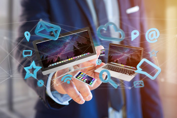 Poster - Devices like smartphone, tablet or computer flying over connection network and app- 3d render