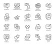 Review line icons. Big set of 20 outline pictograms isolated on white. Comments or message chat bubbles, usability evaluation, communication, rating and other symbols. Graphic signs. Vector labels
