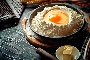 Wall Mural - Dough with flour on an old background in a composition with kitchen accessories